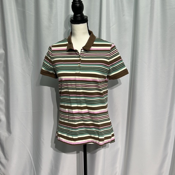 Eddie Bauer Aqua, Brown, Pink & Cream Striped Short Sleeve Polo - size Small - Picture 10 of 14